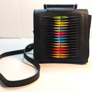 Black leather crossbody/hand held bag with a splash of colour. EUC